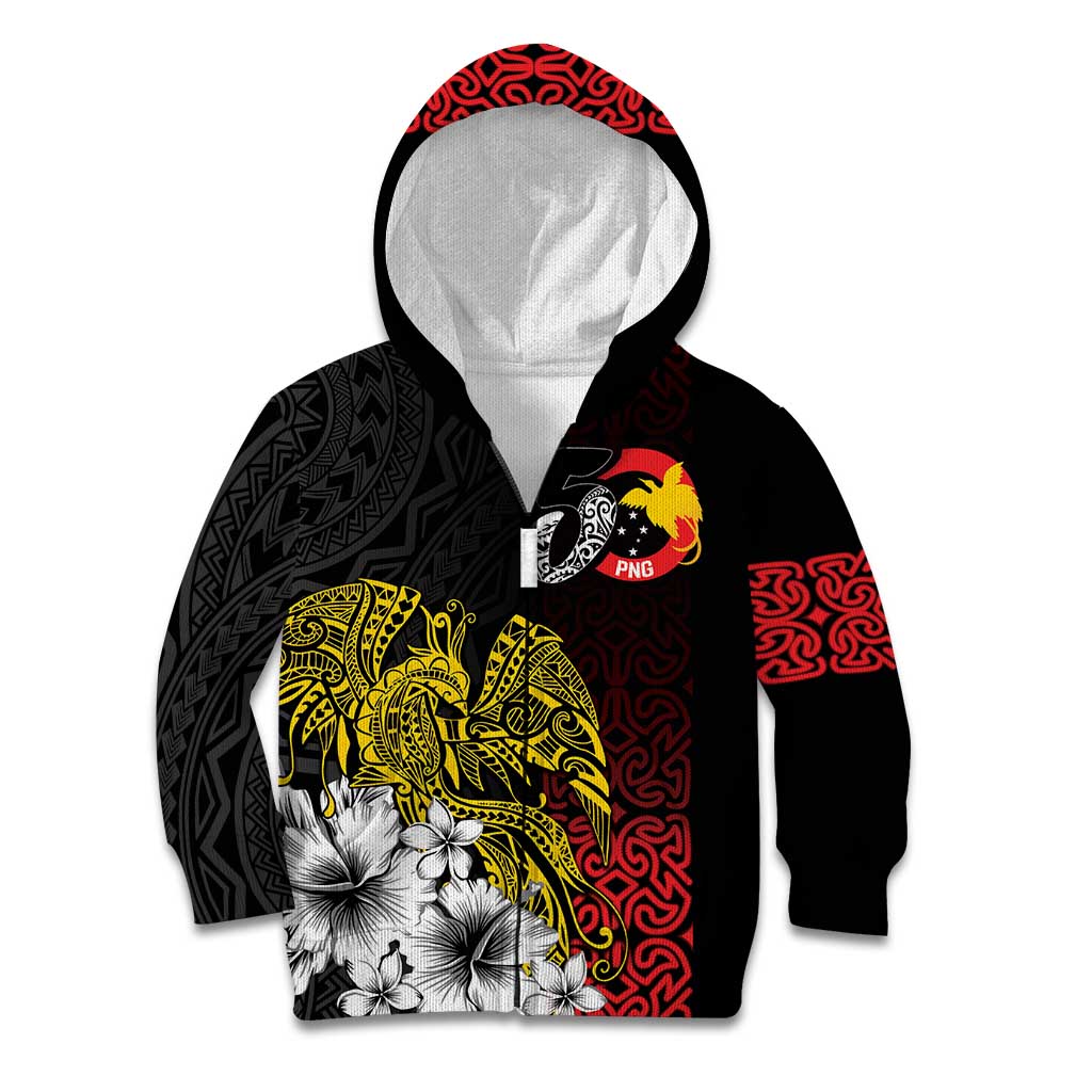 Personalized Papua New Guinea 50th Independence Anniversary Kid Hoodie Oro Tapa Mix Plumeria LT7 Zip Hoodie Black - Polynesian Pride