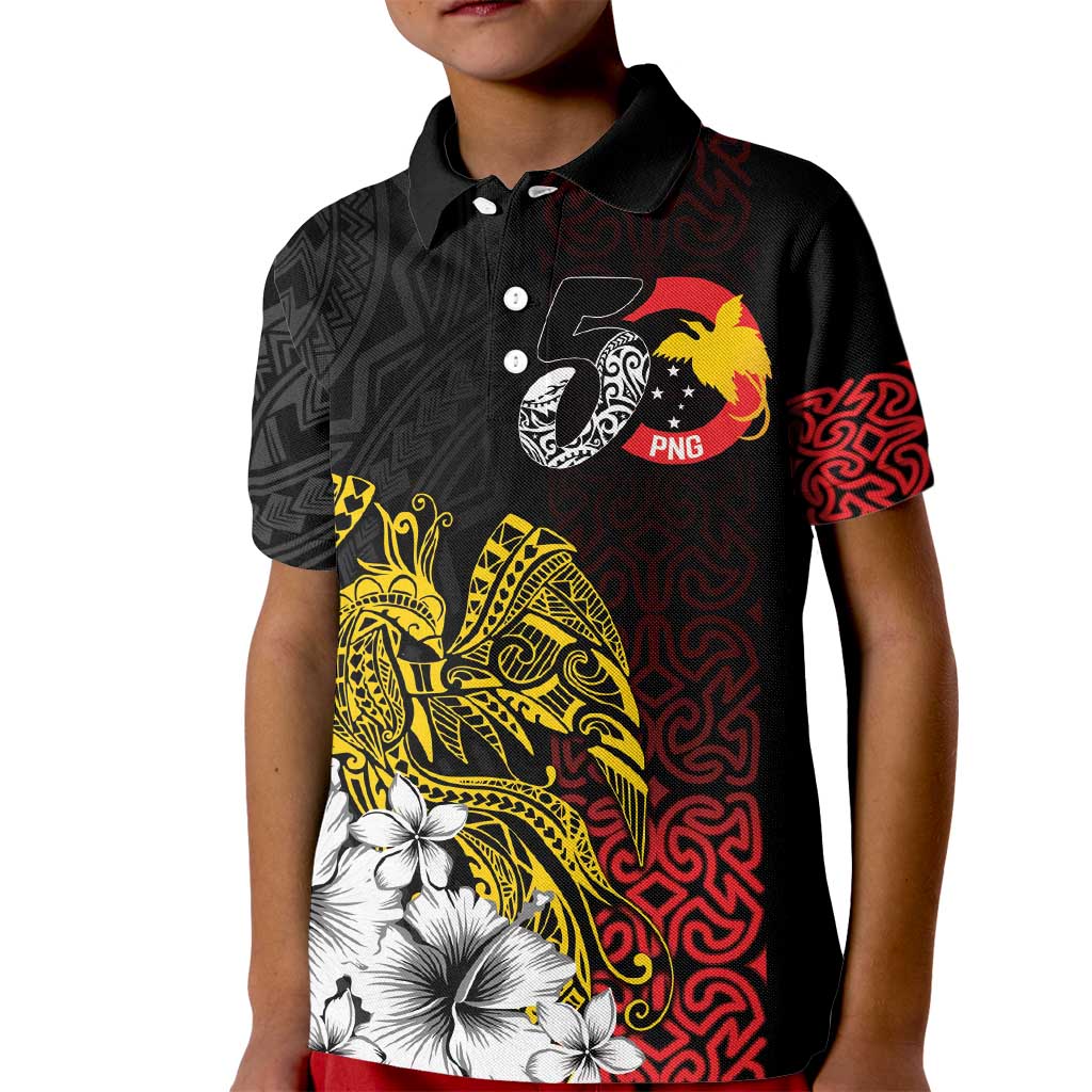 Personalized Papua New Guinea 50th Independence Anniversary Kid Polo Shirt Oro Tapa Mix Plumeria