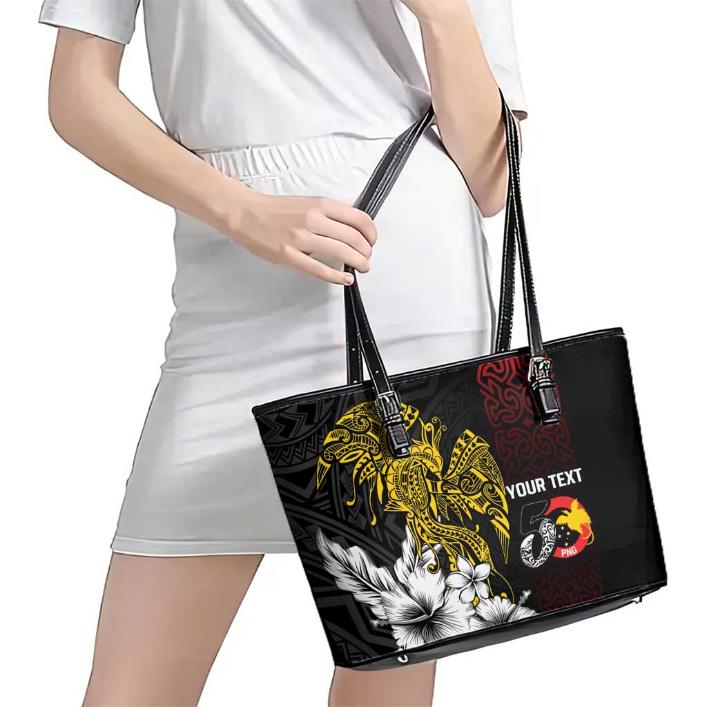 Personalized Papua New Guinea 50th Independence Anniversary Leather Tote Bag Oro Tapa Mix Plumeria