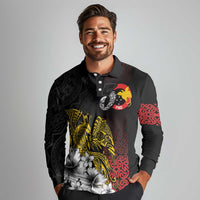 Personalized Papua New Guinea 50th Independence Anniversary Long Sleeve Polo Shirt Oro Tapa Mix Plumeria