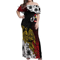 Personalized Papua New Guinea 50th Independence Anniversary Off Shoulder Maxi Dress Oro Tapa Mix Plumeria
