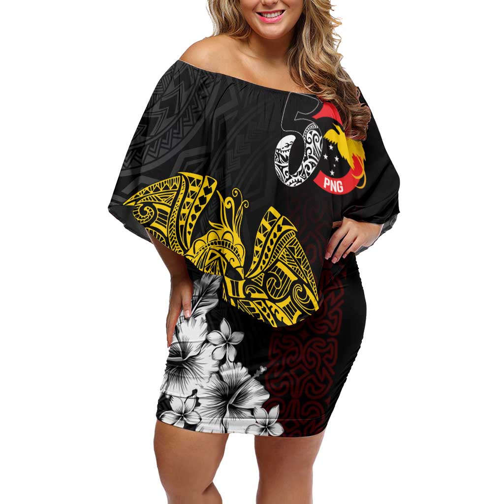 Personalized Papua New Guinea 50th Independence Anniversary Off Shoulder Short Dress Oro Tapa Mix Plumeria