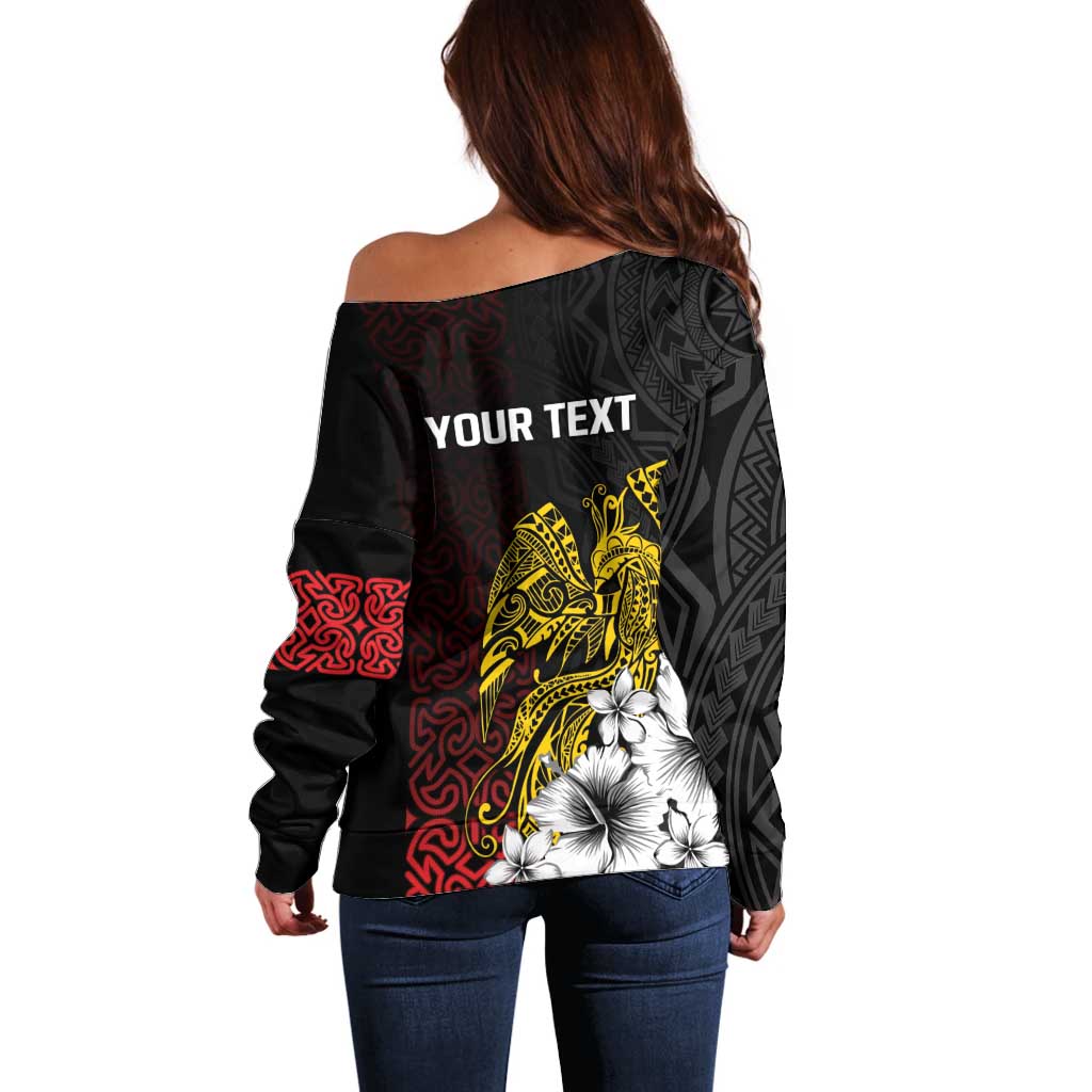 Personalized Papua New Guinea 50th Independence Anniversary Off Shoulder Sweater Oro Tapa Mix Plumeria