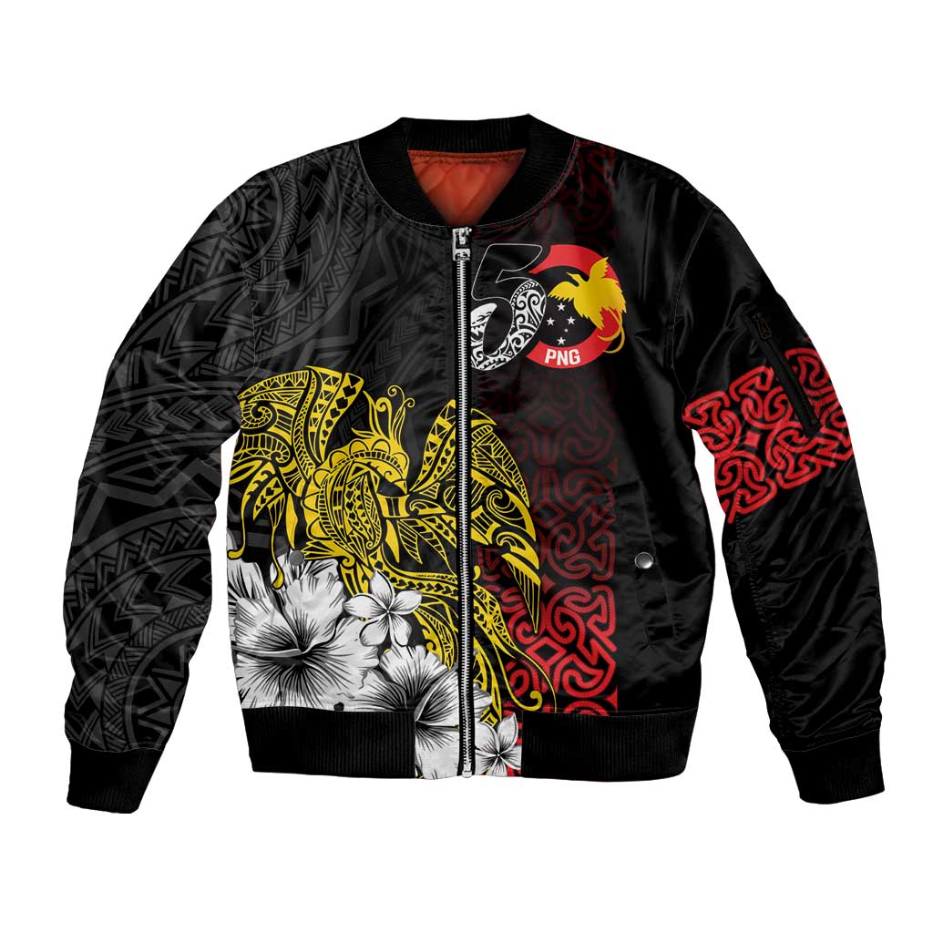 Personalized Papua New Guinea 50th Independence Anniversary Sleeve Zip Bomber Jacket Oro Tapa Mix Plumeria
