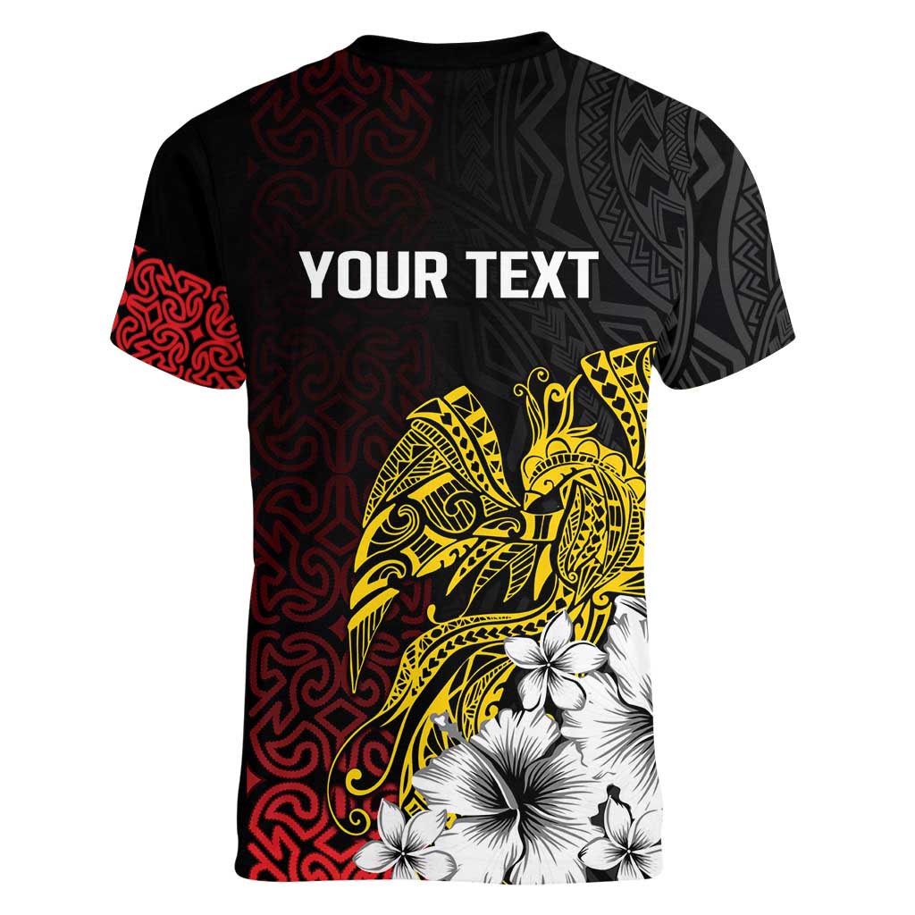 Personalized Papua New Guinea 50th Independence Anniversary Women V-Neck T-Shirt Oro Tapa Mix Plumeria