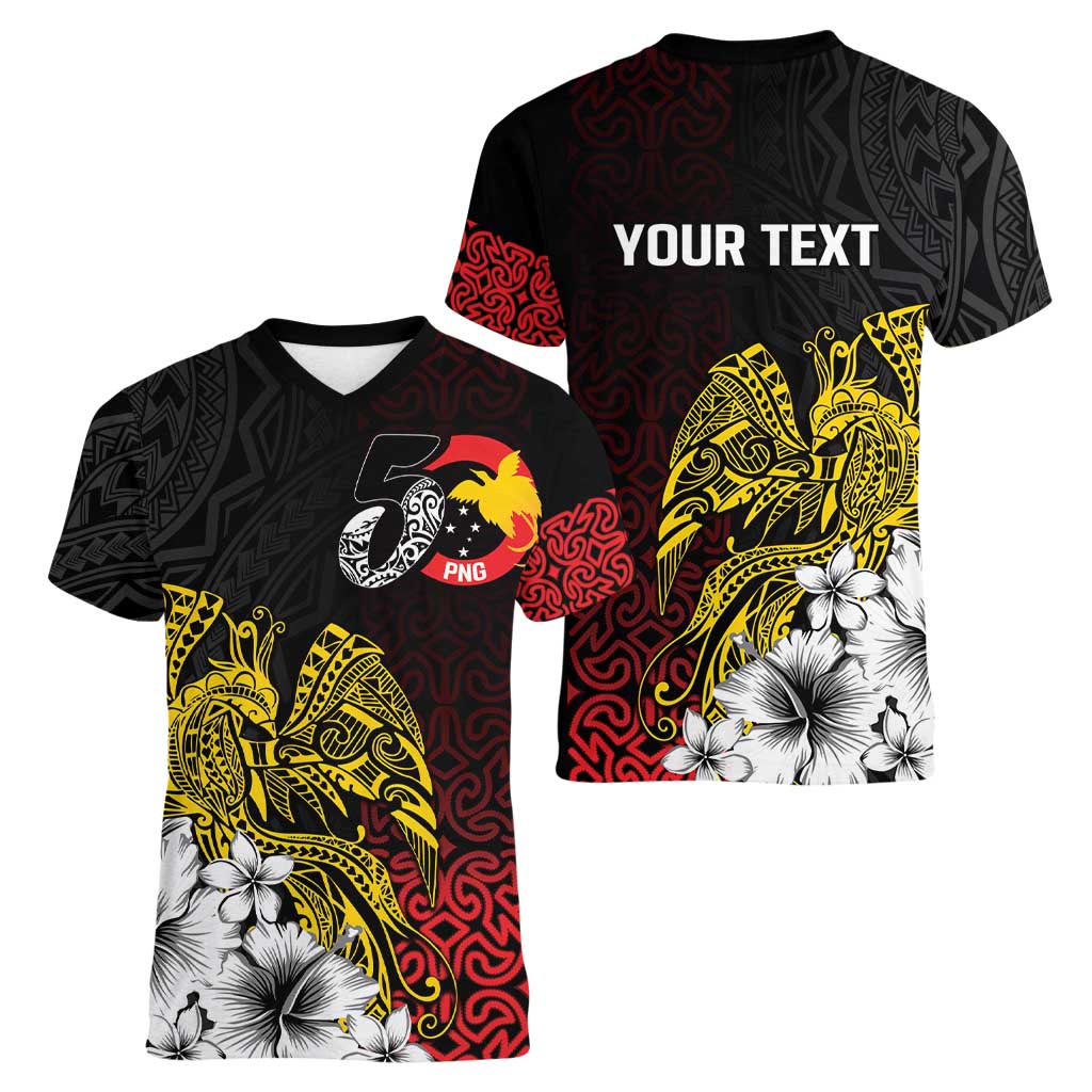 Personalized Papua New Guinea 50th Independence Anniversary Women V-Neck T-Shirt Oro Tapa Mix Plumeria