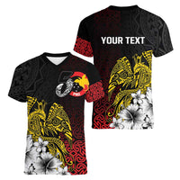 Personalized Papua New Guinea 50th Independence Anniversary Women V-Neck T-Shirt Oro Tapa Mix Plumeria
