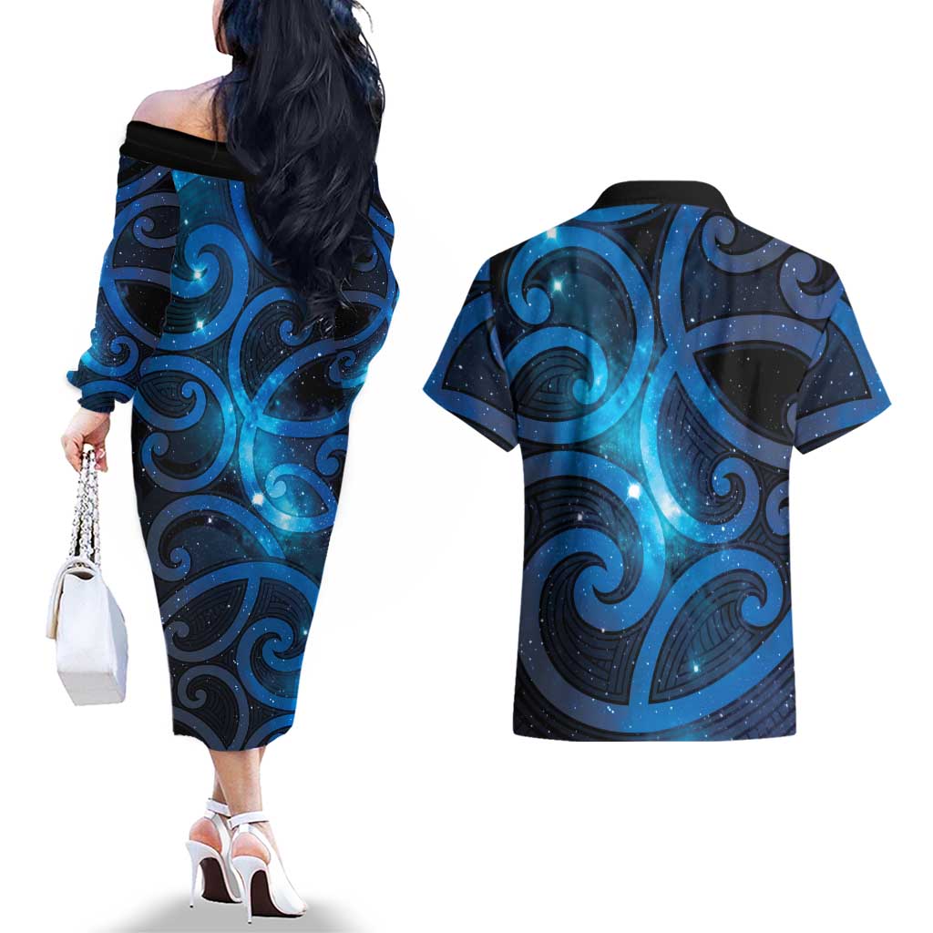 New Zealand Maori Matariki Couples Matching Off The Shoulder Long Sleeve Dress and Hawaiian Shirt Galaxy Kowhaiwhai