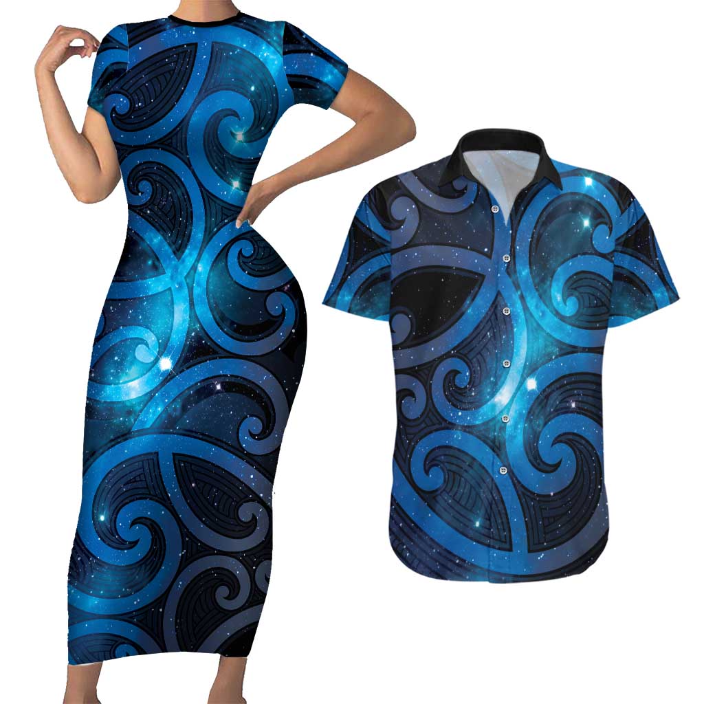 New Zealand Maori Matariki Couples Matching Short Sleeve Bodycon Dress and Hawaiian Shirt Galaxy Kowhaiwhai
