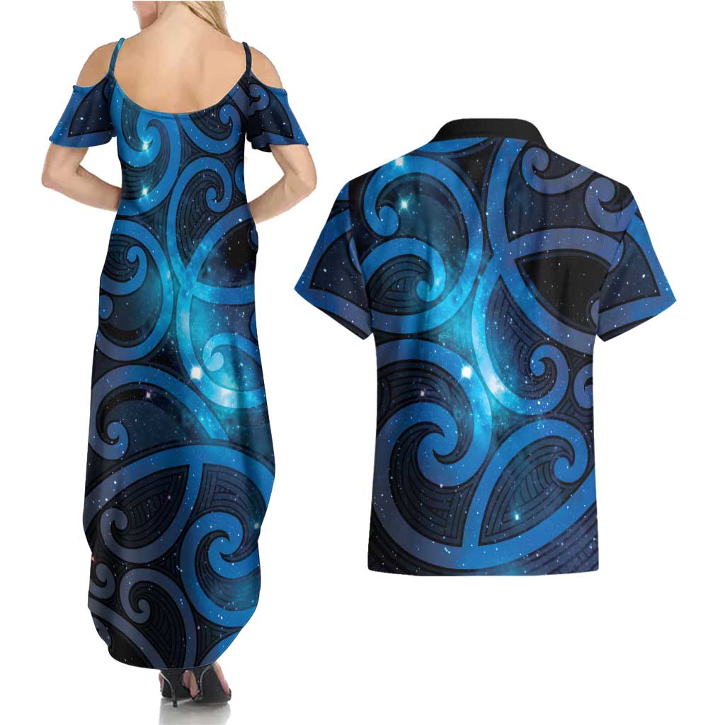 New Zealand Maori Matariki Couples Matching Summer Maxi Dress and Hawaiian Shirt Galaxy Kowhaiwhai