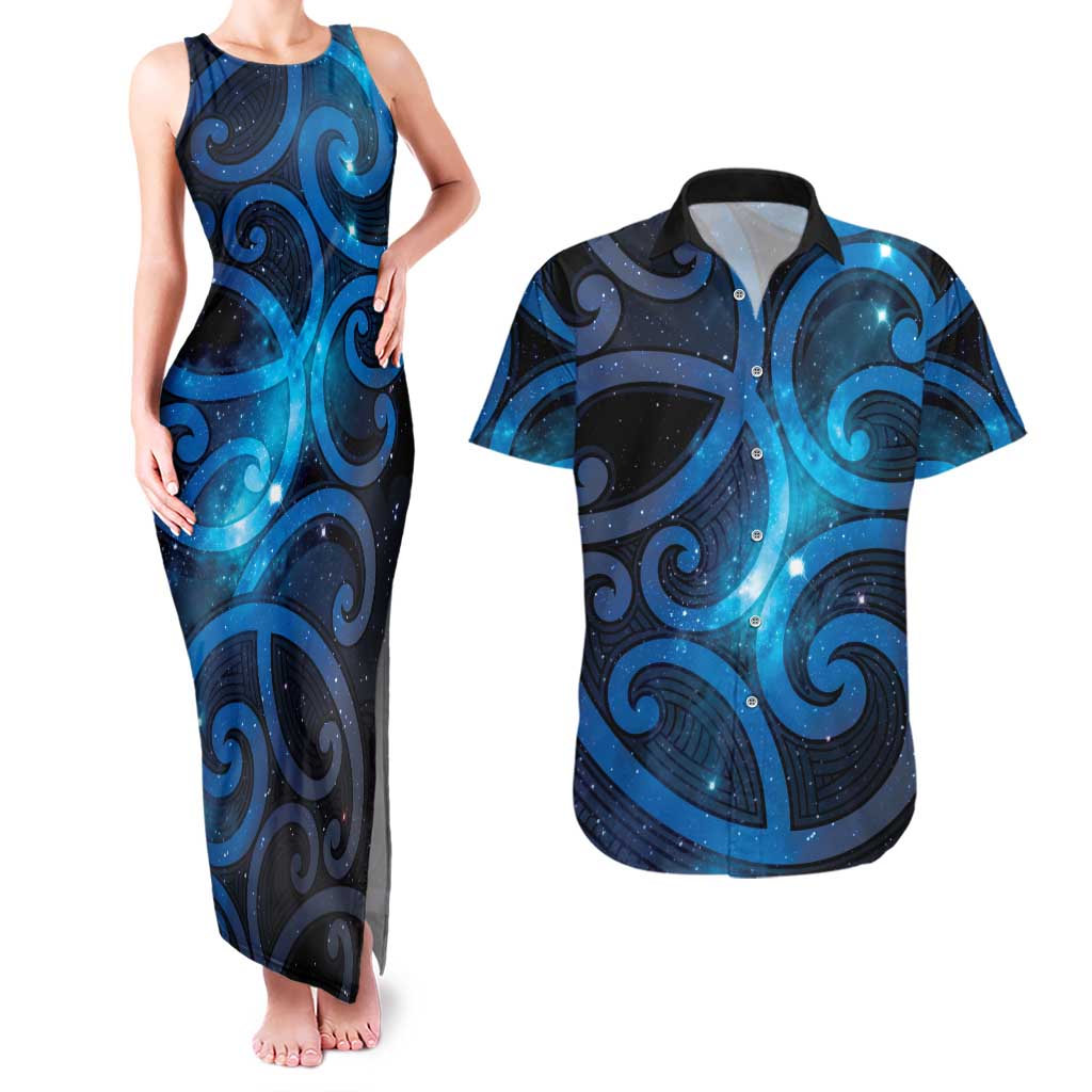 New Zealand Maori Matariki Couples Matching Tank Maxi Dress and Hawaiian Shirt Galaxy Kowhaiwhai