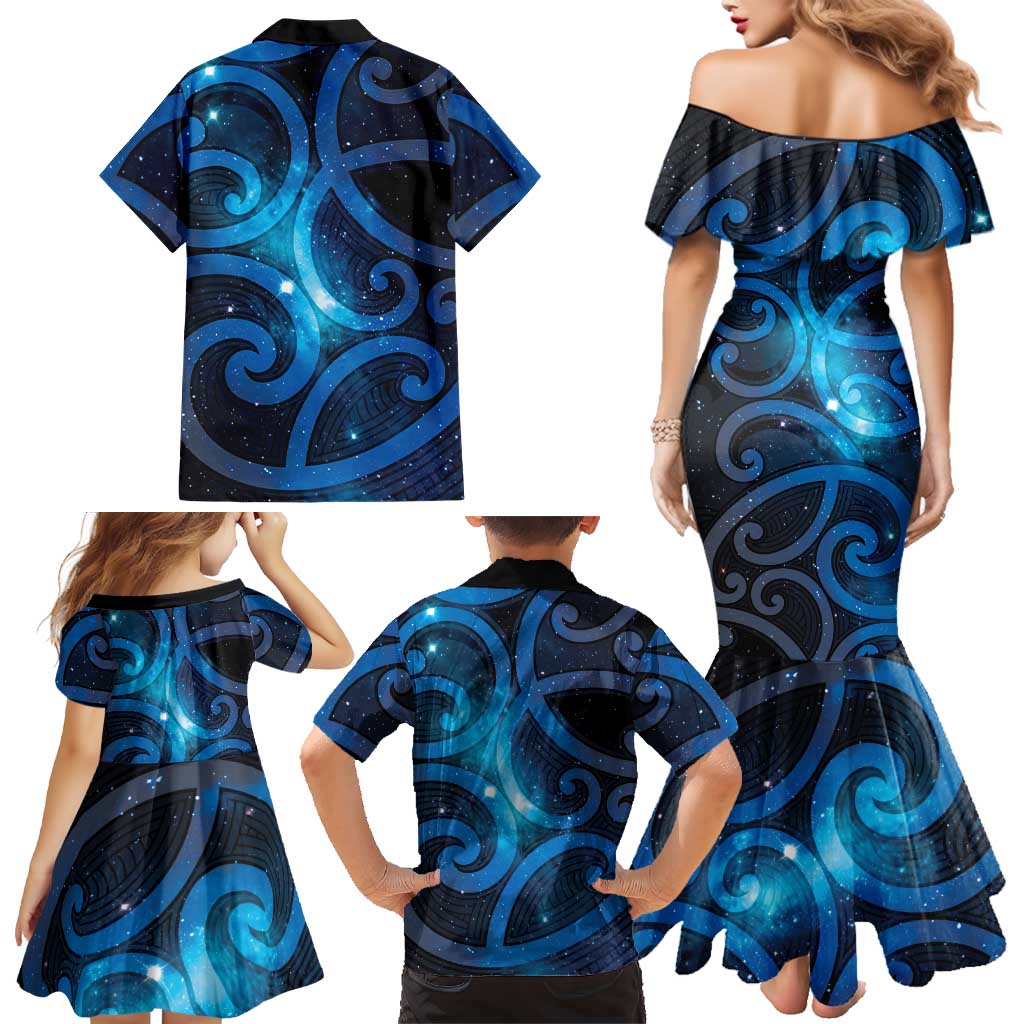 New Zealand Maori Matariki Family Matching Mermaid Dress and Hawaiian Shirt Galaxy Kowhaiwhai