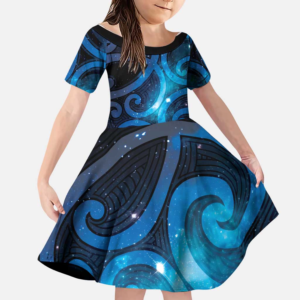 New Zealand Maori Matariki Family Matching Off The Shoulder Long Sleeve Dress and Hawaiian Shirt Galaxy Kowhaiwhai LT7 Daughter's Dress Galaxy - Polynesian Pride