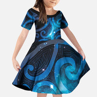 New Zealand Maori Matariki Family Matching Off The Shoulder Long Sleeve Dress and Hawaiian Shirt Galaxy Kowhaiwhai LT7 Daughter's Dress Galaxy - Polynesian Pride