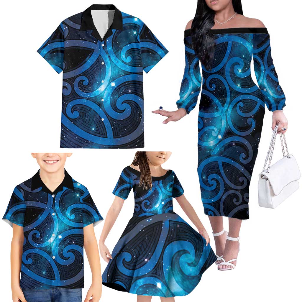 New Zealand Maori Matariki Family Matching Off The Shoulder Long Sleeve Dress and Hawaiian Shirt Galaxy Kowhaiwhai LT7 - Polynesian Pride