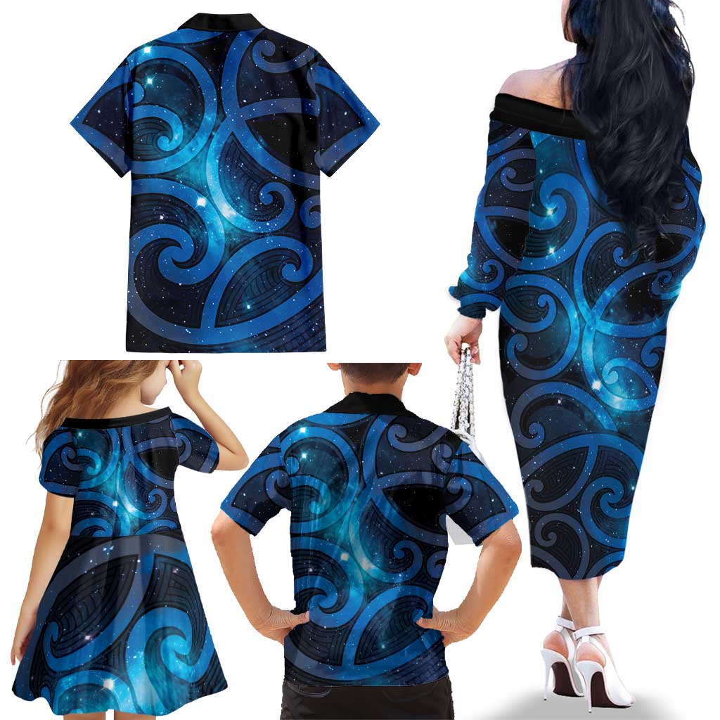 New Zealand Maori Matariki Family Matching Off The Shoulder Long Sleeve Dress and Hawaiian Shirt Galaxy Kowhaiwhai LT7 - Polynesian Pride
