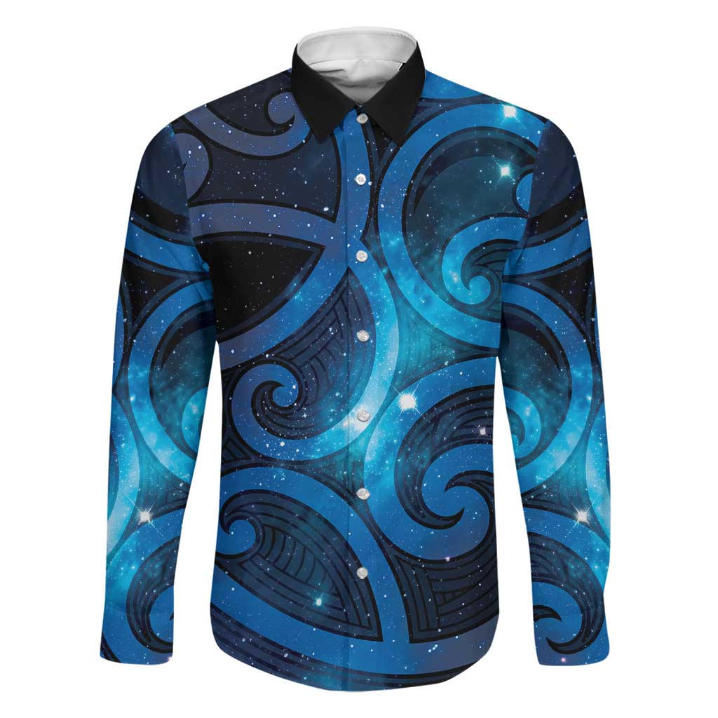 New Zealand Maori Matariki Family Matching Off The Shoulder Long Sleeve Dress and Hawaiian Shirt Galaxy Kowhaiwhai LT7 Dad's Shirt - Long Sleeve Galaxy - Polynesian Pride