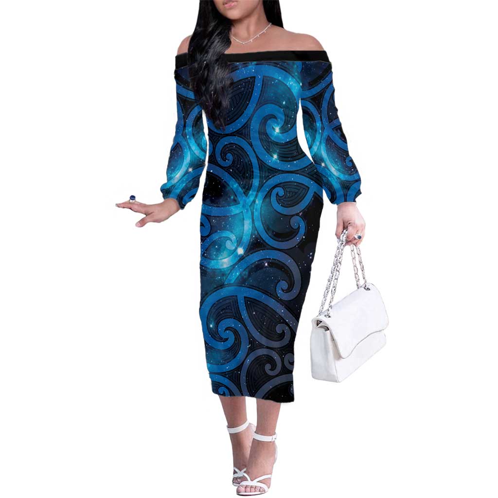 New Zealand Maori Matariki Family Matching Off The Shoulder Long Sleeve Dress and Hawaiian Shirt Galaxy Kowhaiwhai LT7 Mom's Dress Galaxy - Polynesian Pride