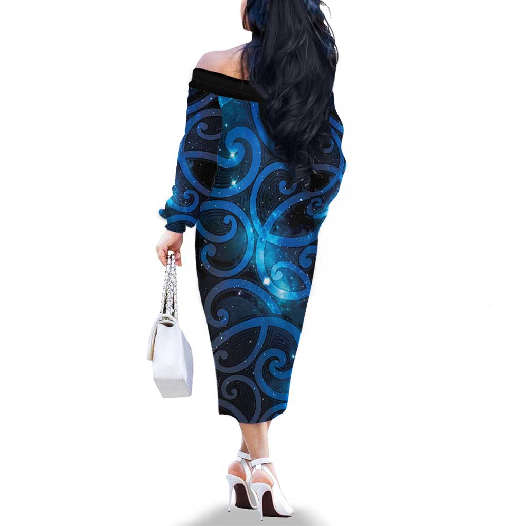 New Zealand Maori Matariki Family Matching Off The Shoulder Long Sleeve Dress and Hawaiian Shirt Galaxy Kowhaiwhai LT7 - Polynesian Pride