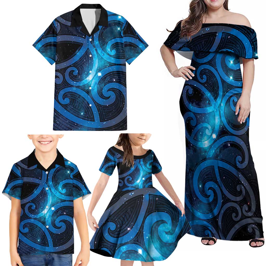 New Zealand Maori Matariki Family Matching Off Shoulder Maxi Dress and Hawaiian Shirt Galaxy Kowhaiwhai