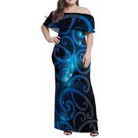 New Zealand Maori Matariki Family Matching Off Shoulder Maxi Dress and Hawaiian Shirt Galaxy Kowhaiwhai