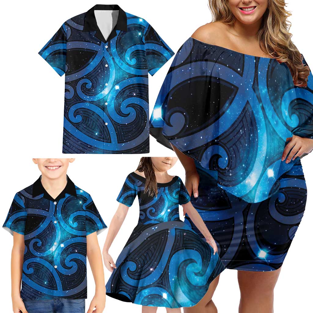 New Zealand Maori Matariki Family Matching Off Shoulder Short Dress and Hawaiian Shirt Galaxy Kowhaiwhai