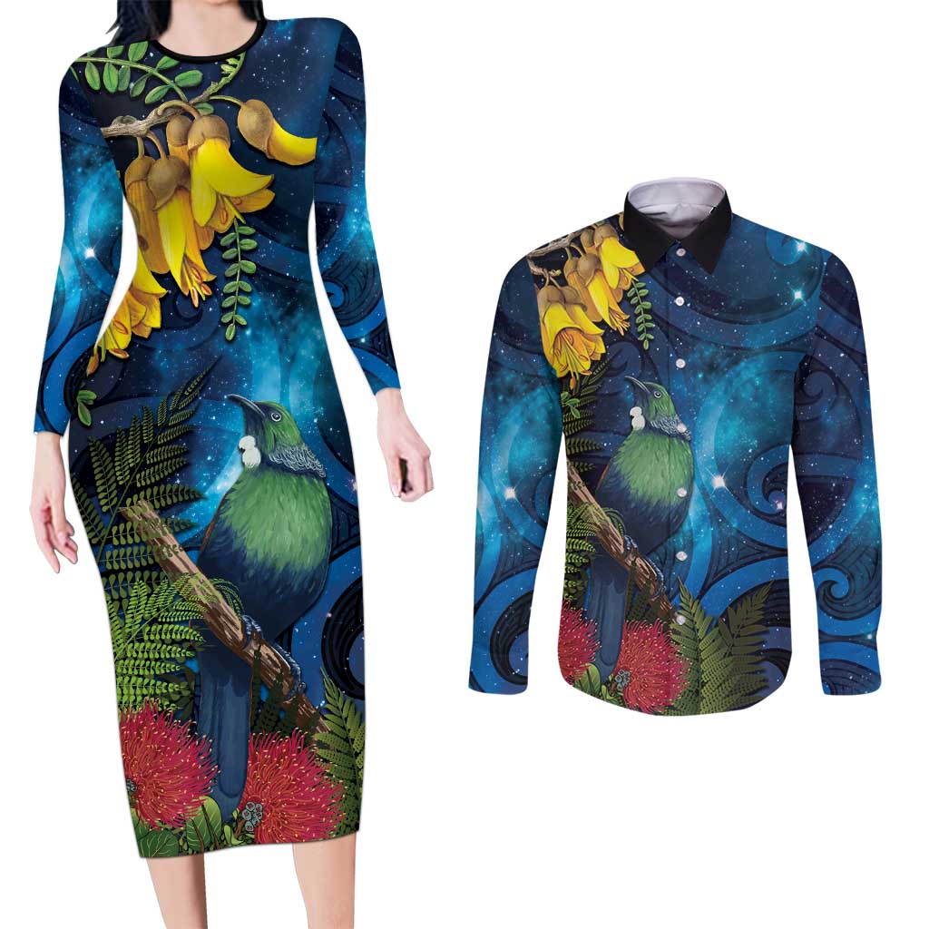 Tui Bird New Zealand Starry Sky Couples Matching Long Sleeve Bodycon Dress and Long Sleeve Button Shirt Maori Koru