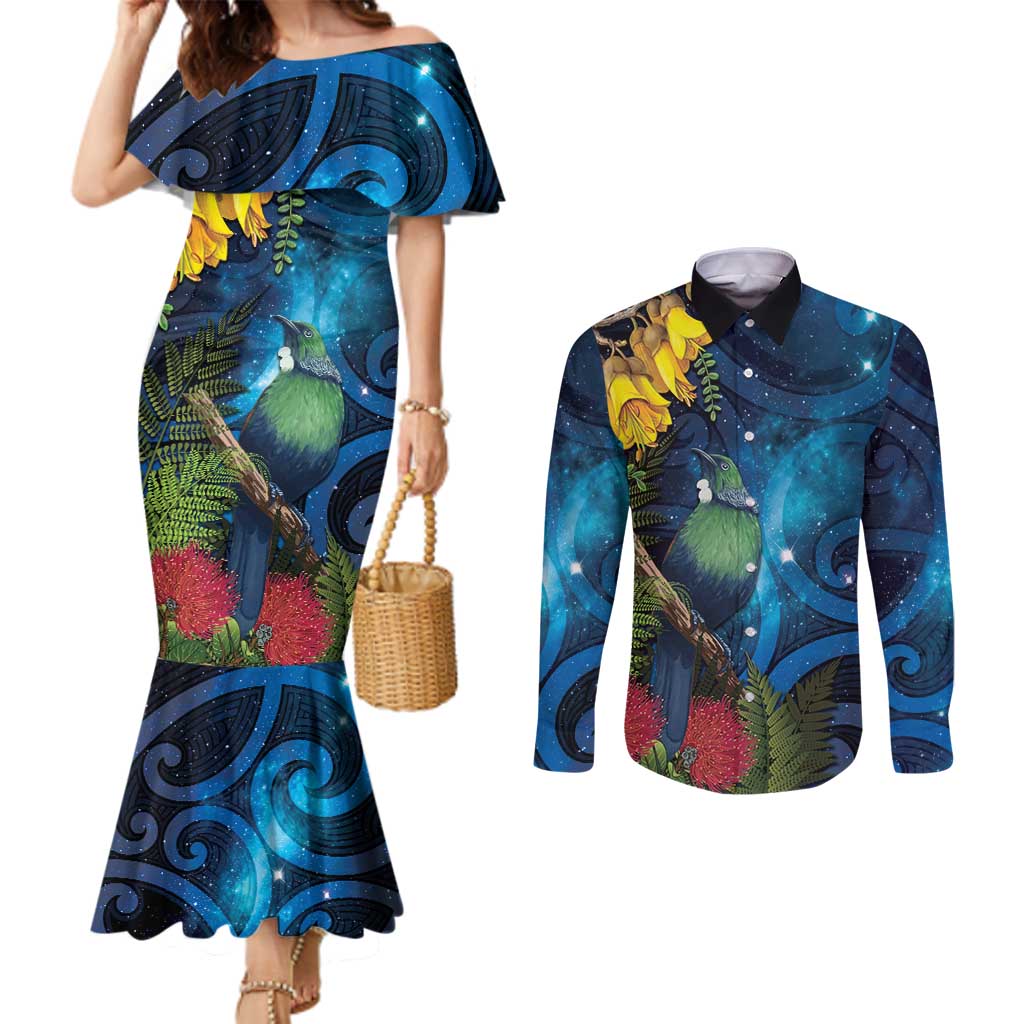 Tui Bird New Zealand Starry Sky Couples Matching Mermaid Dress and Long Sleeve Button Shirt Maori Koru