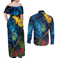Tui Bird New Zealand Starry Sky Couples Matching Off Shoulder Maxi Dress and Long Sleeve Button Shirt Maori Koru