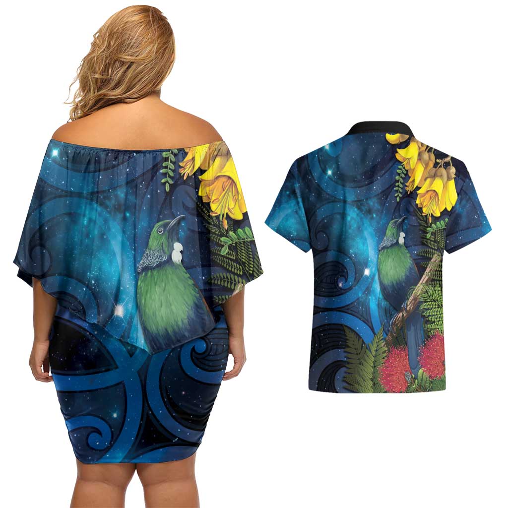 Tui Bird New Zealand Starry Sky Couples Matching Off Shoulder Short Dress and Hawaiian Shirt Maori Koru