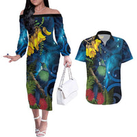 Tui Bird New Zealand Starry Sky Couples Matching Off The Shoulder Long Sleeve Dress and Hawaiian Shirt Maori Koru