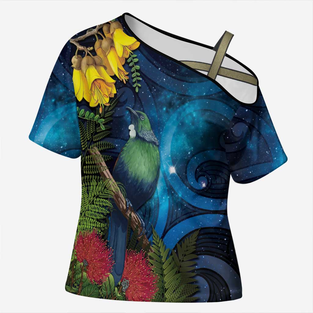 Tui Bird New Zealand Starry Sky Cross Shoulder Shirt Maori Koru
