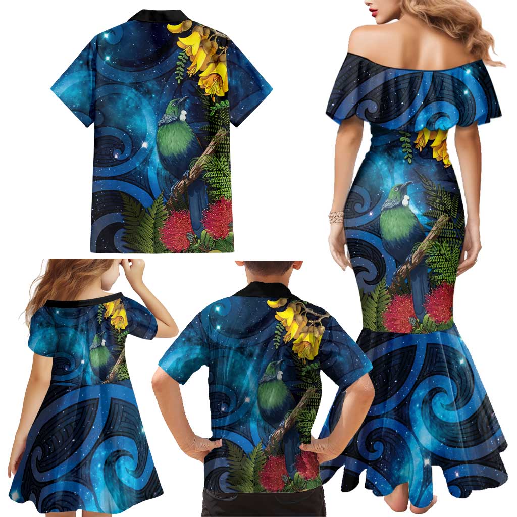 Tui Bird New Zealand Starry Sky Family Matching Mermaid Dress and Hawaiian Shirt Maori Koru