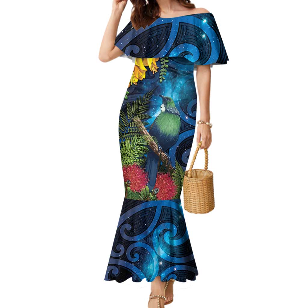 Tui Bird New Zealand Starry Sky Family Matching Mermaid Dress and Hawaiian Shirt Maori Koru
