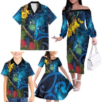 Tui Bird New Zealand Starry Sky Family Matching Off The Shoulder Long Sleeve Dress and Hawaiian Shirt Maori Koru