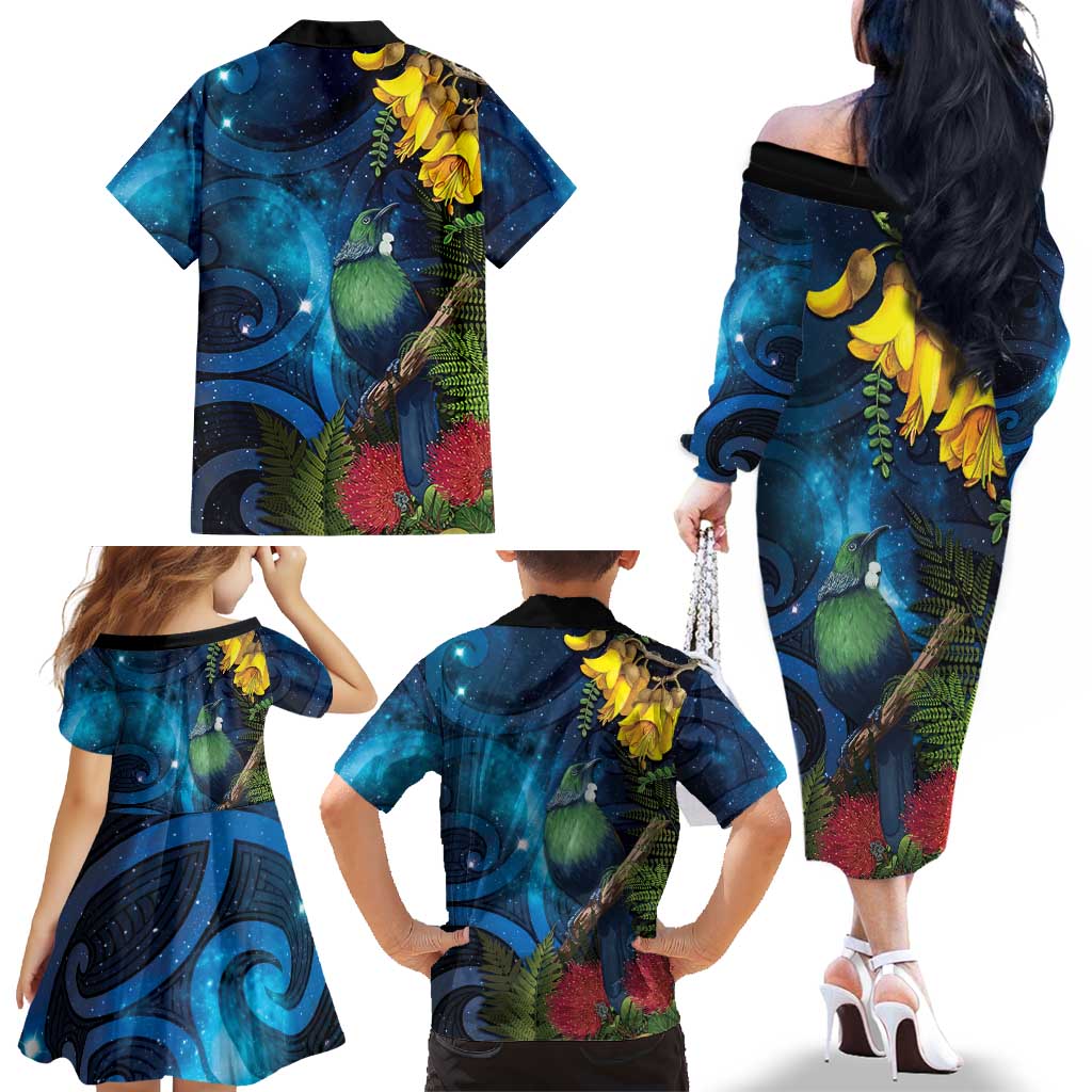 Tui Bird New Zealand Starry Sky Family Matching Off The Shoulder Long Sleeve Dress and Hawaiian Shirt Maori Koru