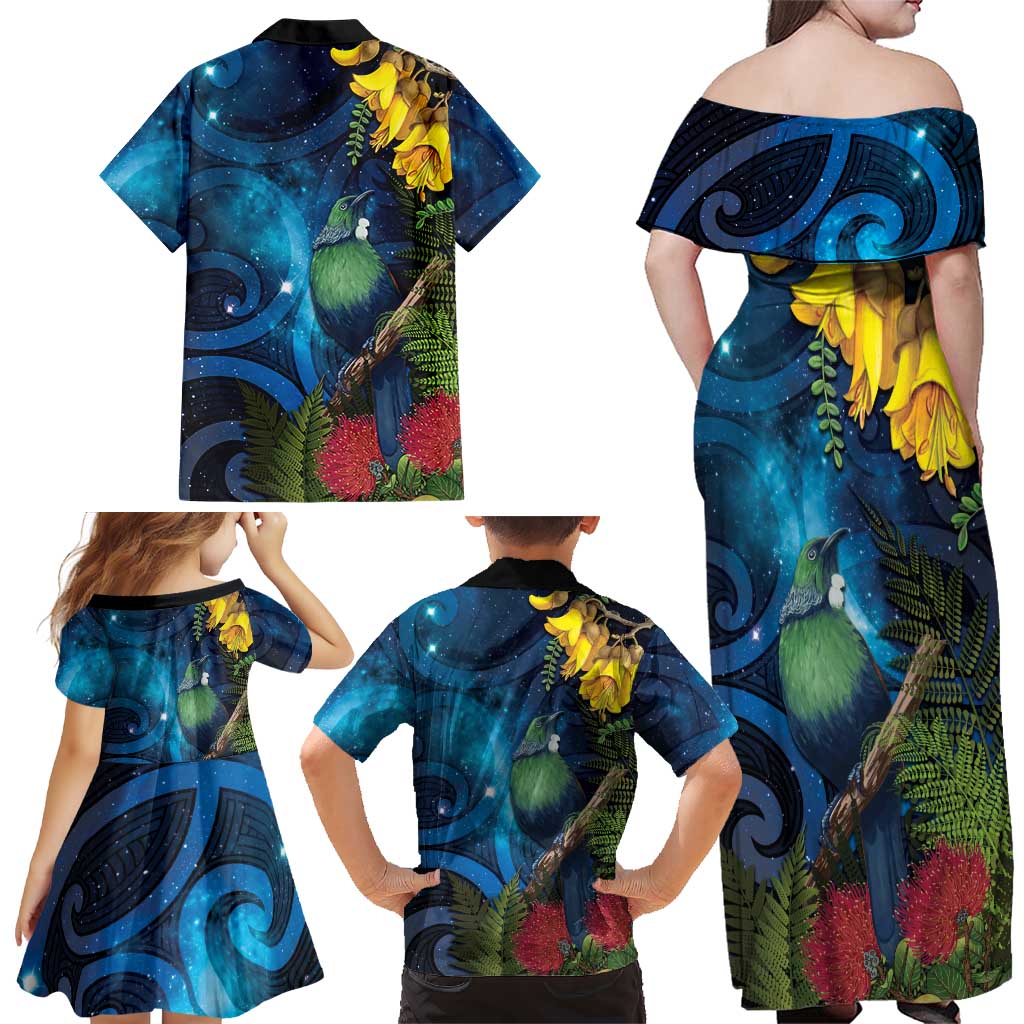 Tui Bird New Zealand Starry Sky Family Matching Off Shoulder Maxi Dress and Hawaiian Shirt Maori Koru
