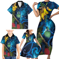 Tui Bird New Zealand Starry Sky Family Matching Short Sleeve Bodycon Dress and Hawaiian Shirt Maori Koru