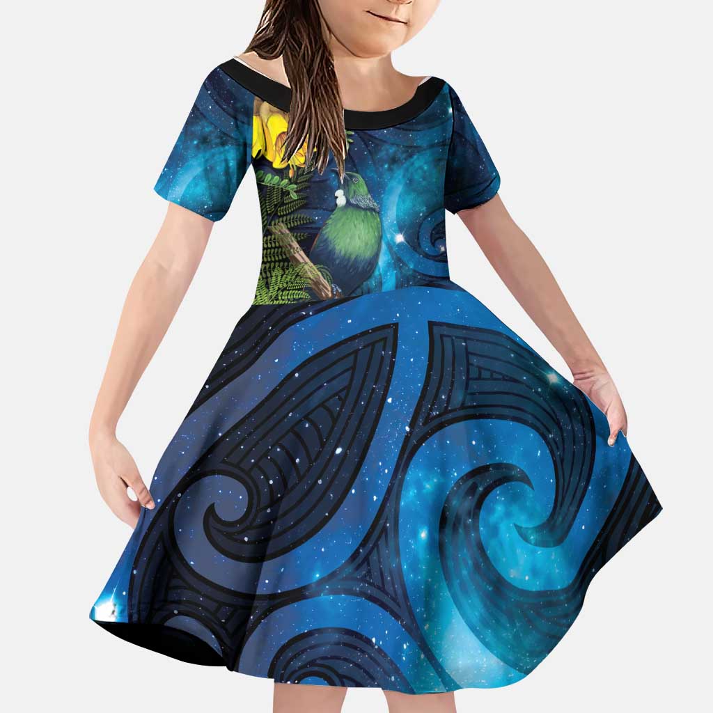 Tui Bird New Zealand Starry Sky Family Matching Tank Maxi Dress and Hawaiian Shirt Maori Koru LT7 Daughter's Dress Galaxy - Polynesian Pride