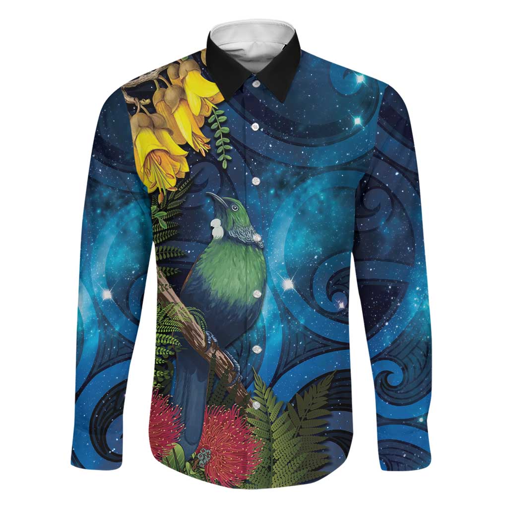 Tui Bird New Zealand Starry Sky Family Matching Tank Maxi Dress and Hawaiian Shirt Maori Koru LT7 Dad's Shirt - Long Sleeve Galaxy - Polynesian Pride