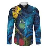Tui Bird New Zealand Starry Sky Family Matching Tank Maxi Dress and Hawaiian Shirt Maori Koru LT7 Dad's Shirt - Long Sleeve Galaxy - Polynesian Pride