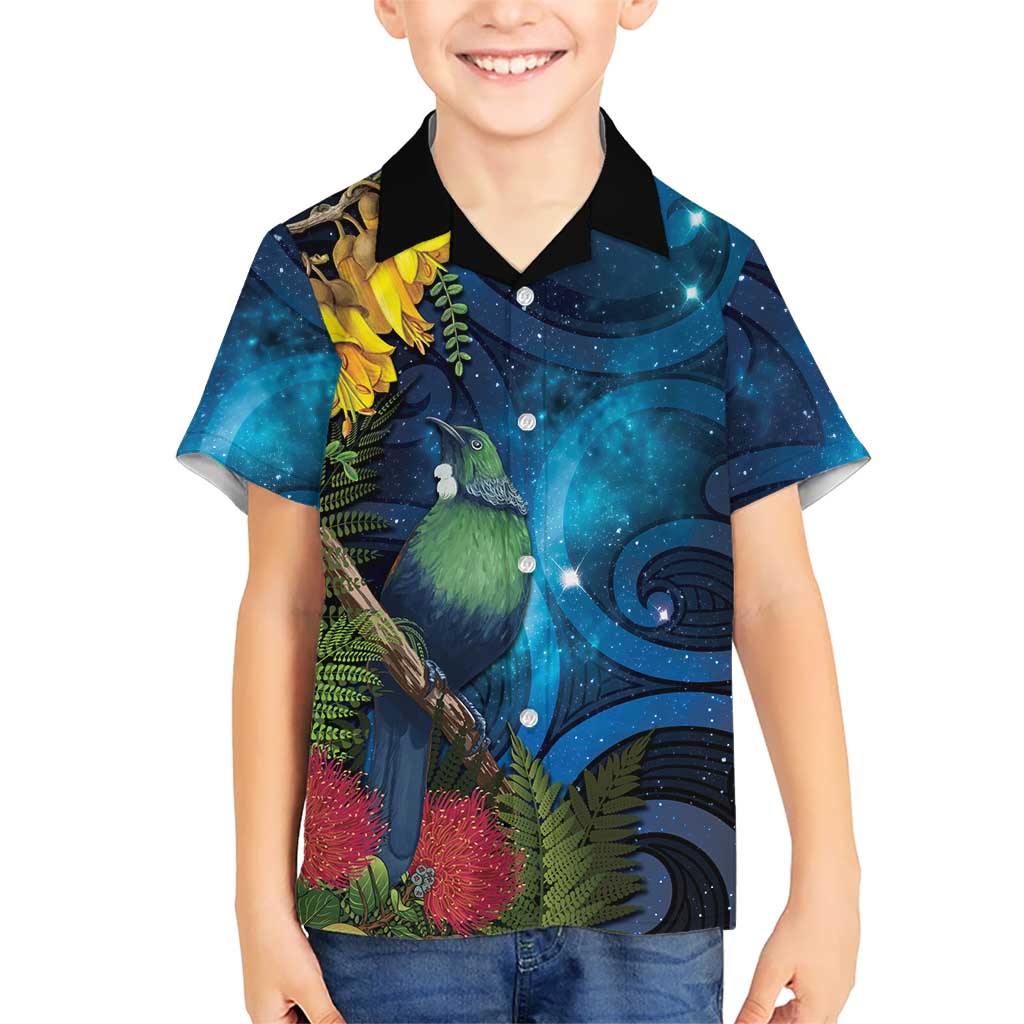 Tui Bird New Zealand Starry Sky Family Matching Tank Maxi Dress and Hawaiian Shirt Maori Koru LT7 Son's Shirt Galaxy - Polynesian Pride