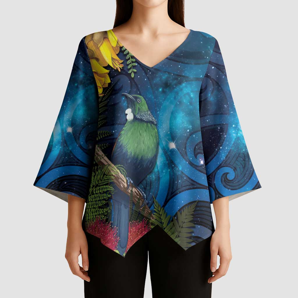 Tui Bird New Zealand Starry Sky Kimono Sleeve Blouse Maori Koru