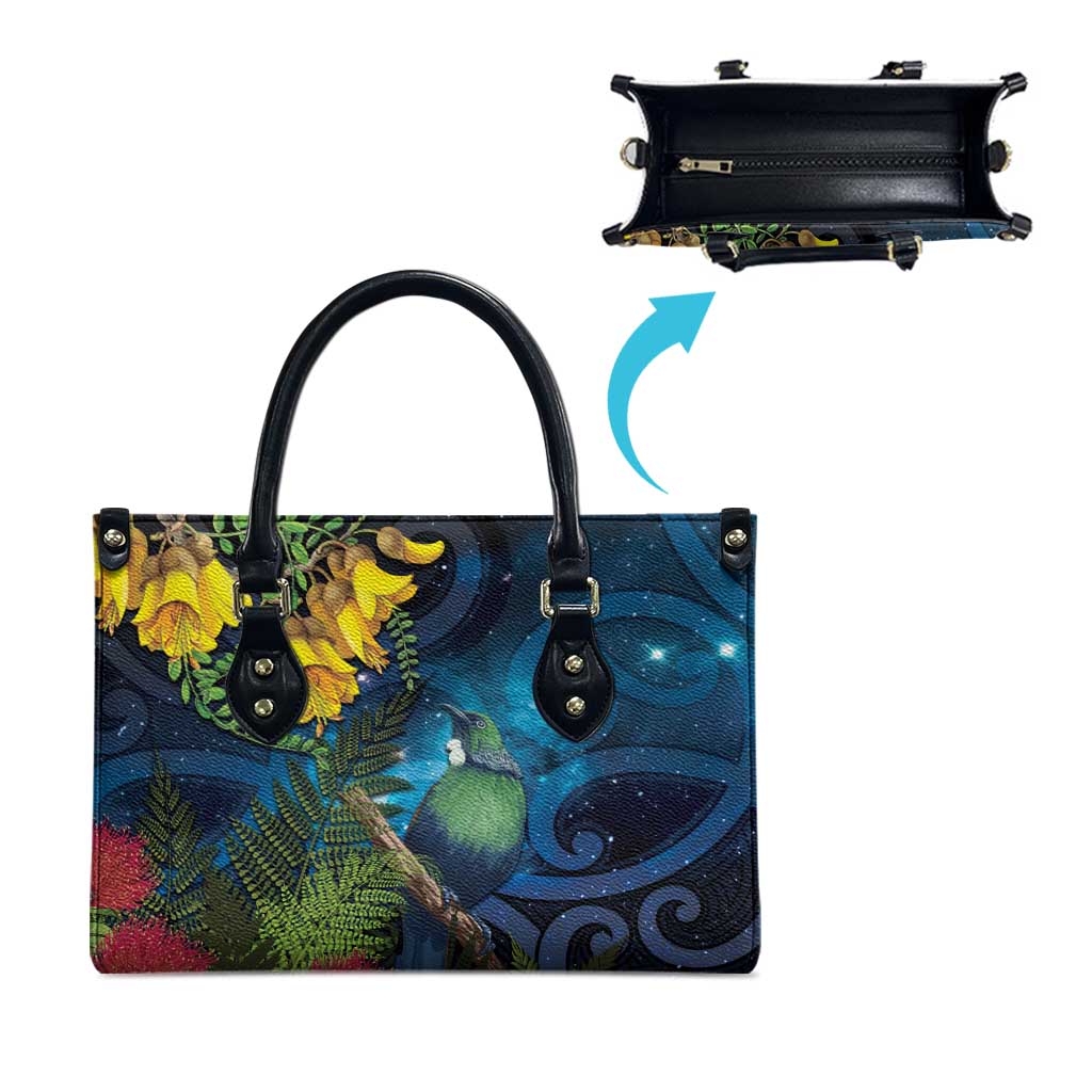 Tui Bird New Zealand Starry Sky Leather Bag Maori Koru