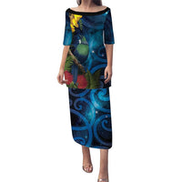 Tui Bird New Zealand Starry Sky Puletasi Maori Koru LT7 Long Dress Galaxy - Polynesian Pride