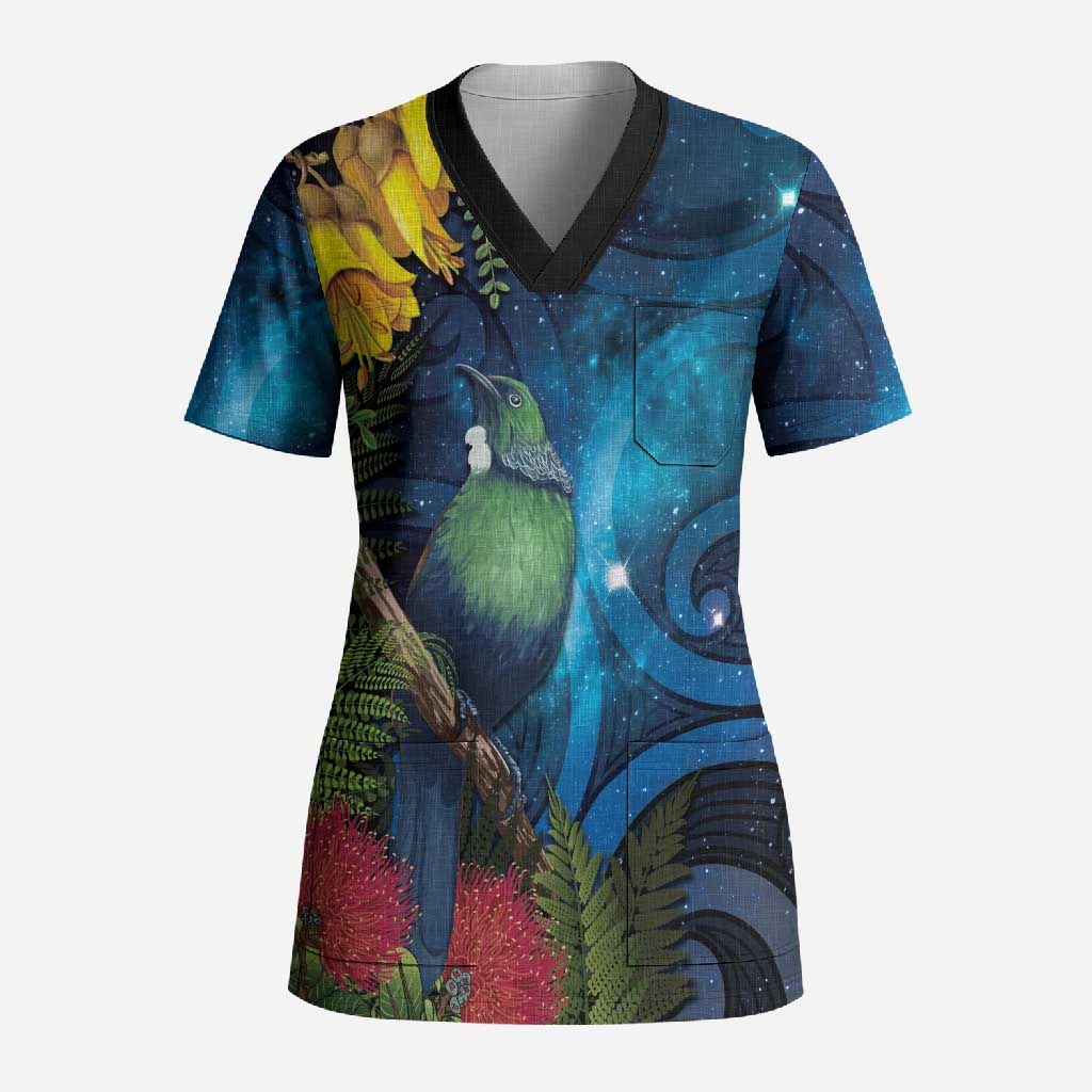 Tui Bird New Zealand Starry Sky Scrub Top Maori Koru