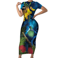 Tui Bird New Zealand Starry Sky Short Sleeve Bodycon Dress Maori Koru LT7 Long Dress Galaxy - Polynesian Pride