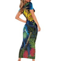 Tui Bird New Zealand Starry Sky Short Sleeve Bodycon Dress Maori Koru LT7 - Polynesian Pride
