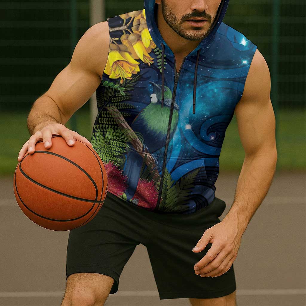 Tui Bird New Zealand Starry Sky Sleeveless Zip Hoodie Maori Koru LT7 - Polynesian Pride