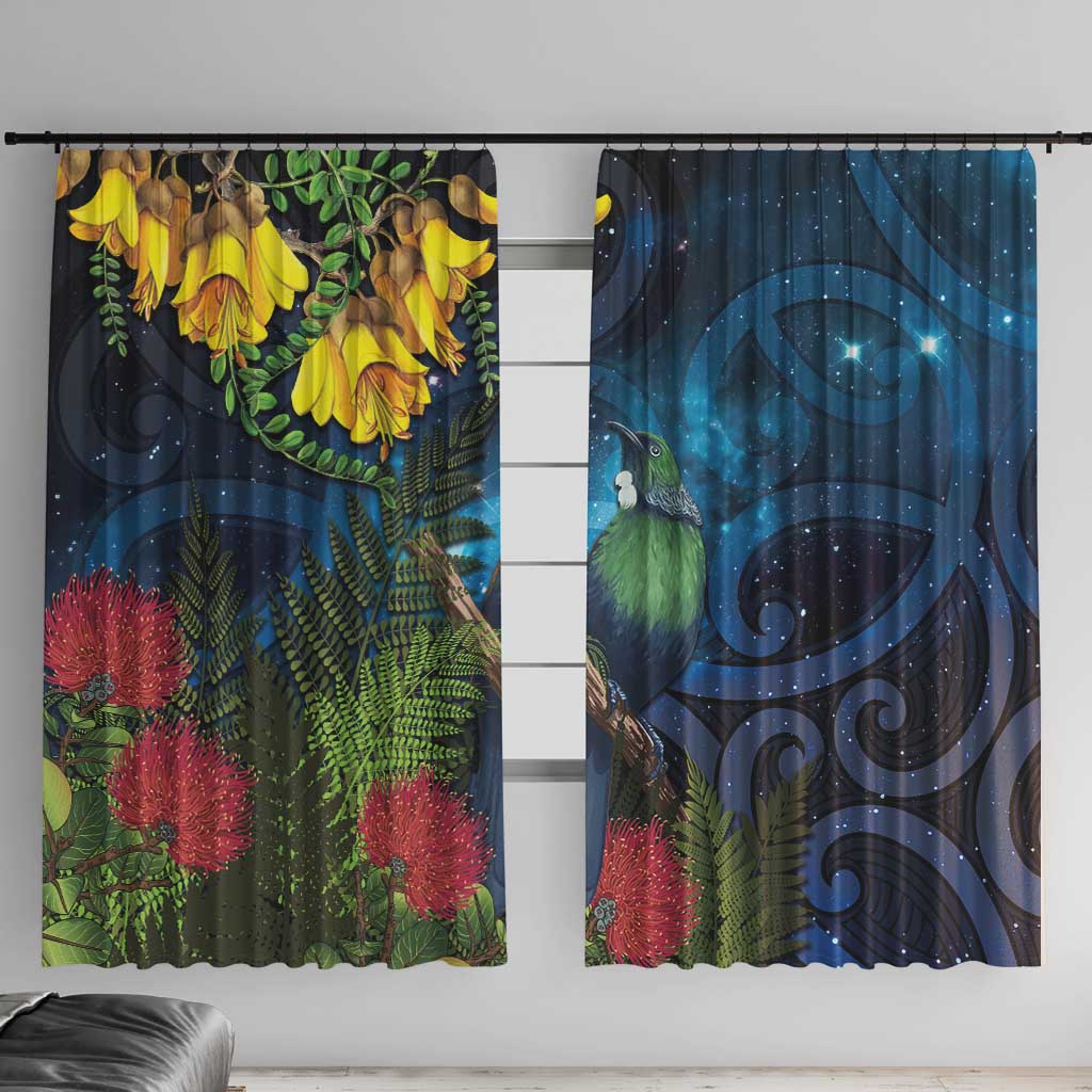 Tui Bird New Zealand Starry Sky Window Curtain Maori Koru LT7 With Hooks Galaxy - Polynesian Pride